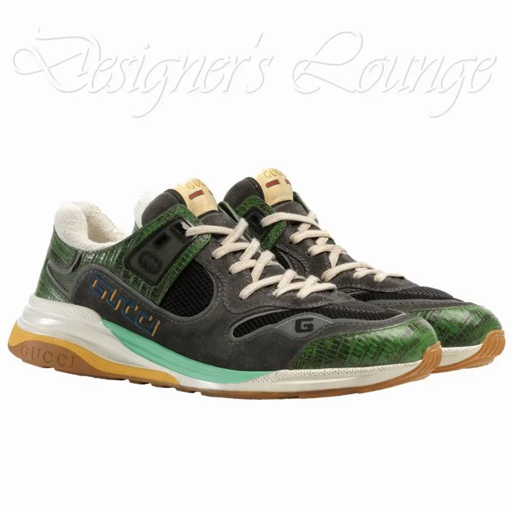 NEW GUCCI Men's ULTRAPACE Low Top Sneakers In Green Tejus Leather G 7.5 / US 8